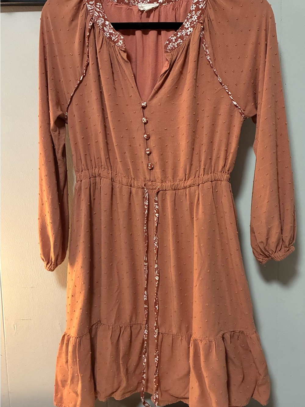 Long Sleeve Tiered Dress in Rust with Floral Trim